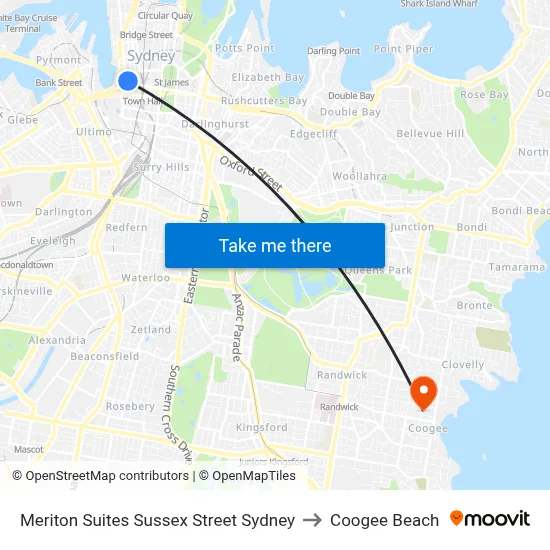 Meriton Suites Sussex Street Sydney to Coogee Beach map