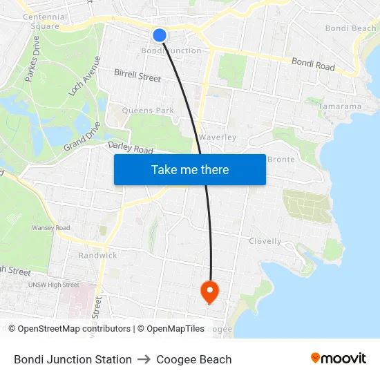 Bondi Junction Station to Coogee Beach map