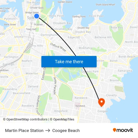 Martin Place Station to Coogee Beach map