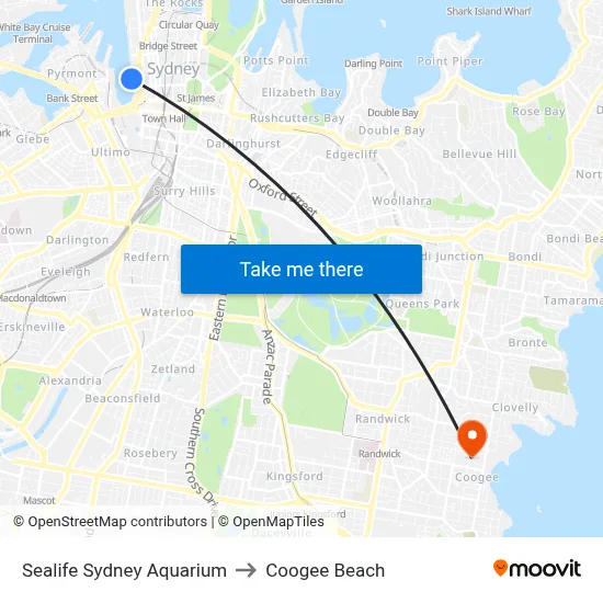 Sealife Sydney Aquarium to Coogee Beach map