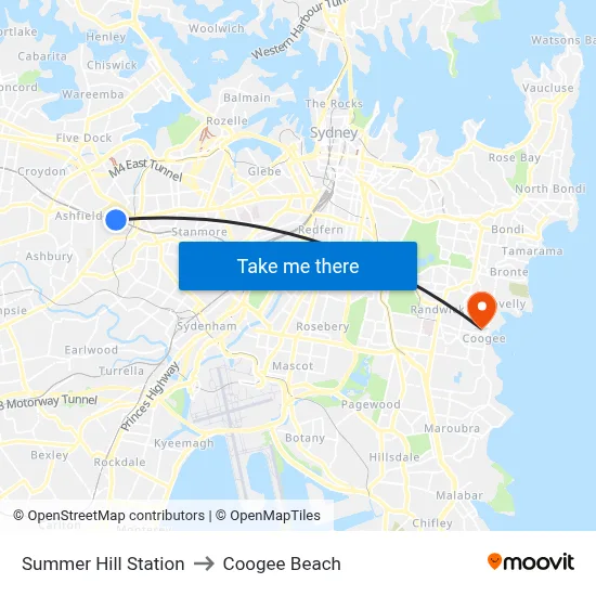 Summer Hill Station to Coogee Beach map
