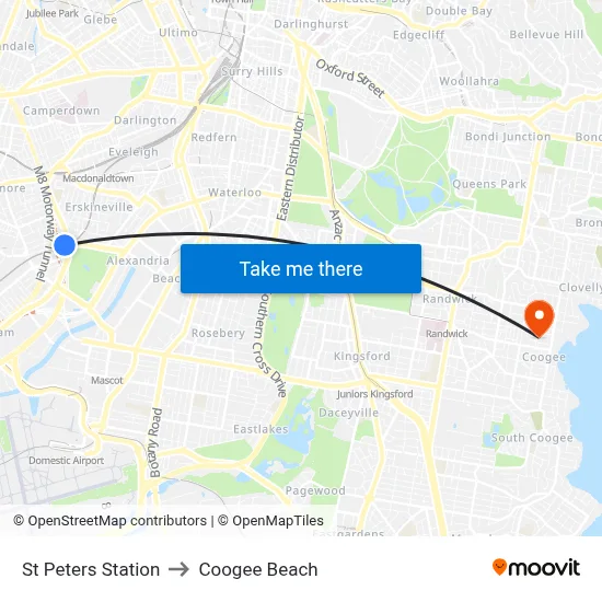St Peters Station to Coogee Beach map