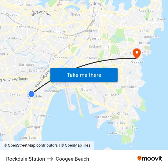 Rockdale Station to Coogee Beach map