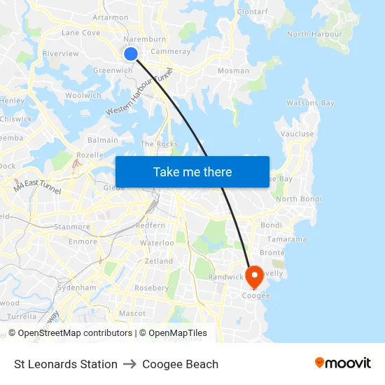 St Leonards Station to Coogee Beach map