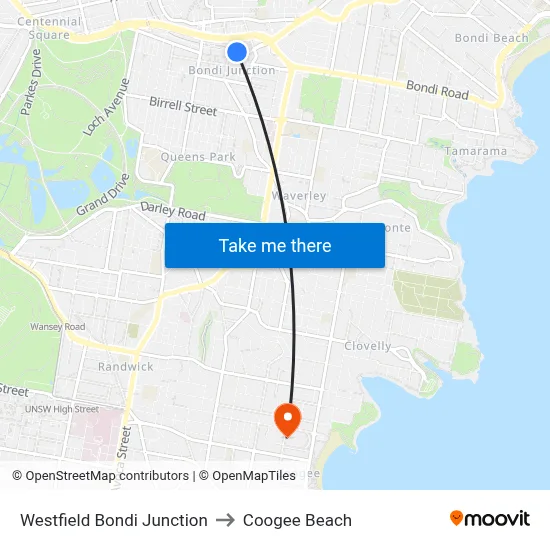 Westfield Bondi Junction to Coogee Beach map