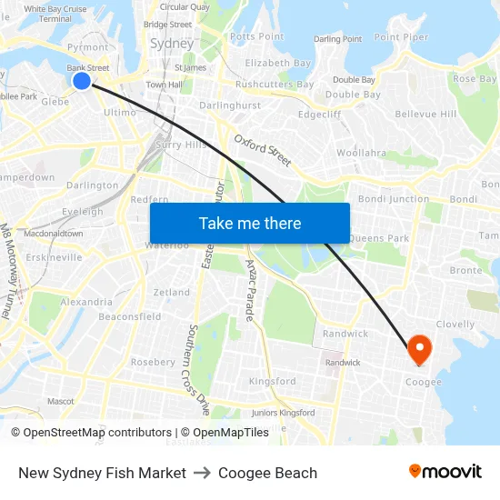 New Sydney Fish Market to Coogee Beach map