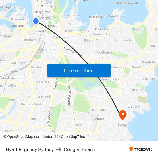 Hyatt Regency Sydney to Coogee Beach map