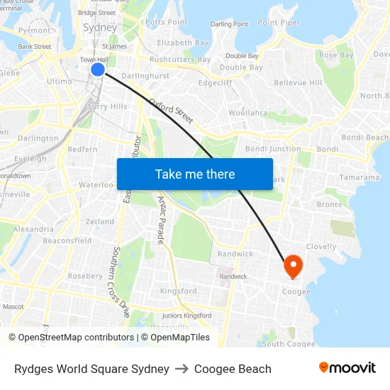 Rydges World Square Sydney to Coogee Beach map