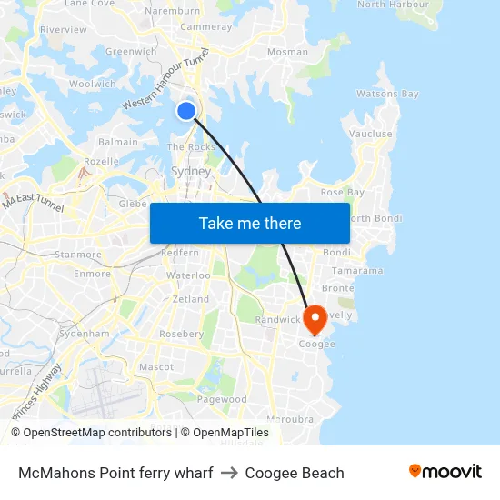 McMahons Point ferry wharf to Coogee Beach map