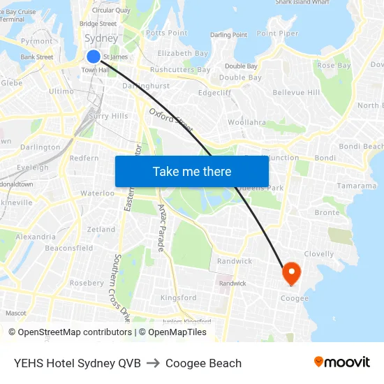 YEHS Hotel Sydney QVB to Coogee Beach map