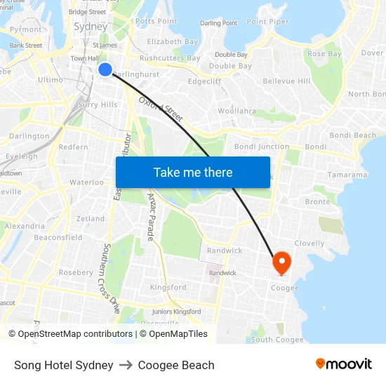 Song Hotel Sydney to Coogee Beach map