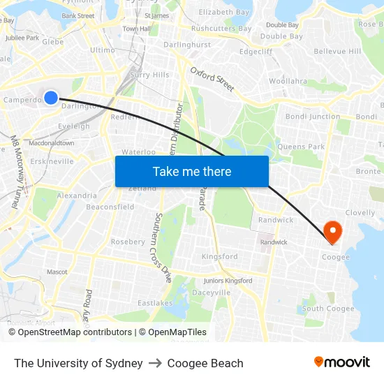 The University of Sydney to Coogee Beach map