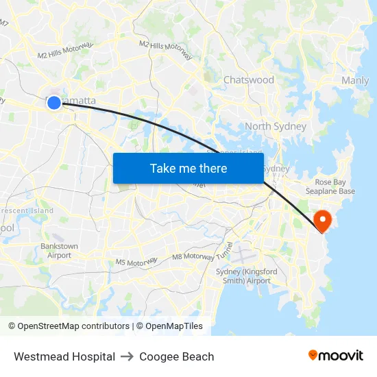Westmead Hospital to Coogee Beach map