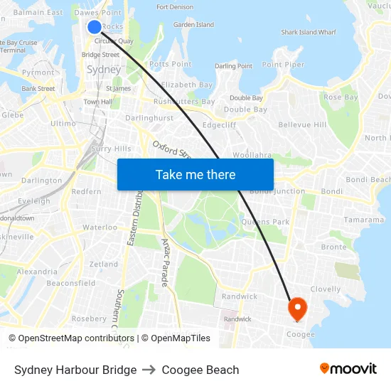 Sydney Harbour Bridge to Coogee Beach map