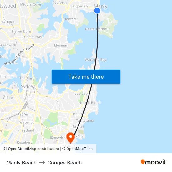 Manly Beach to Coogee Beach map