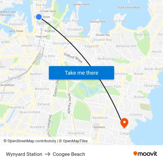 Wynyard Station to Coogee Beach map