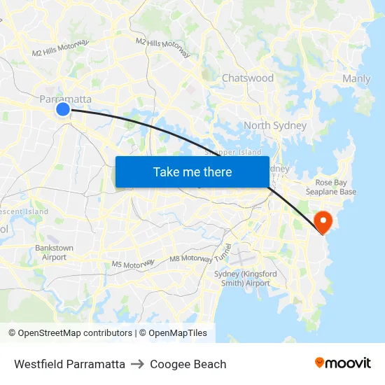Westfield Parramatta to Coogee Beach map