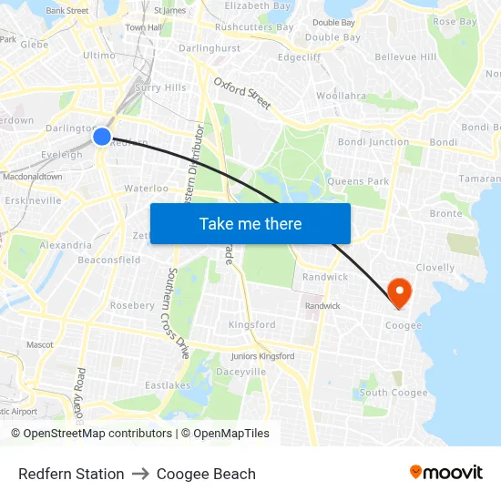 Redfern Station to Coogee Beach map