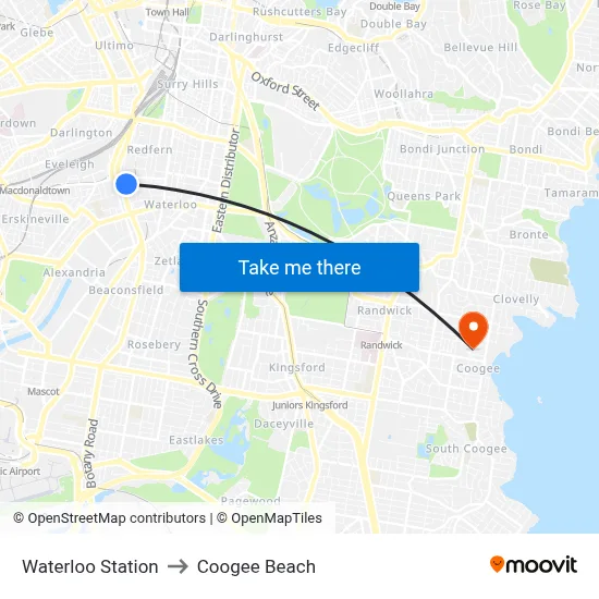 Waterloo Station to Coogee Beach map