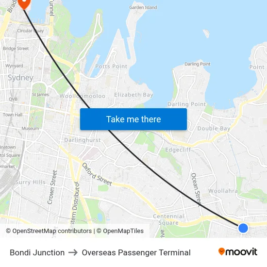 Bondi Junction to Overseas Passenger Terminal map