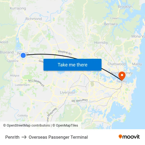 Penrith to Overseas Passenger Terminal map