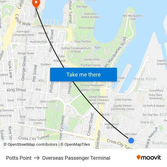 Potts Point to Overseas Passenger Terminal map