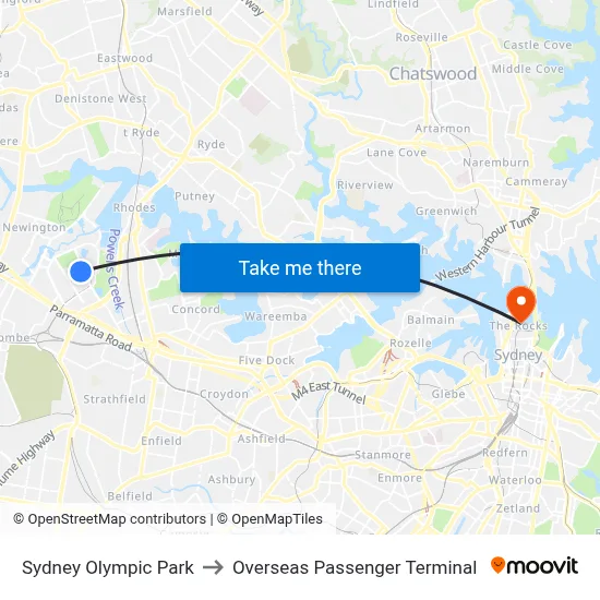 Sydney Olympic Park to Overseas Passenger Terminal map