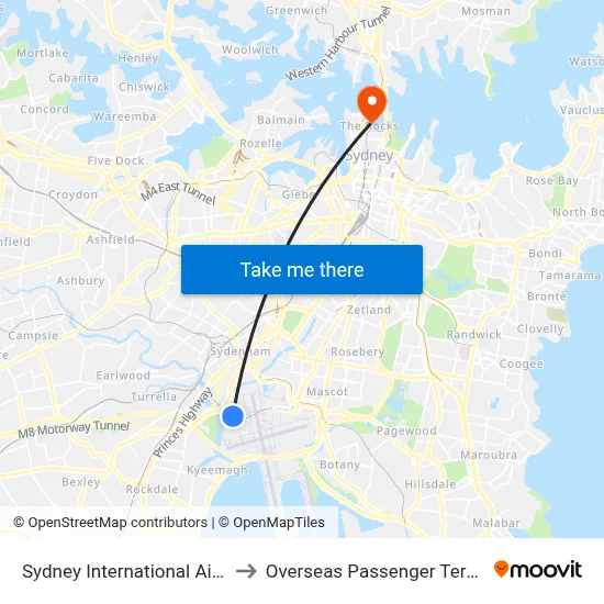 Sydney International Airport to Overseas Passenger Terminal map