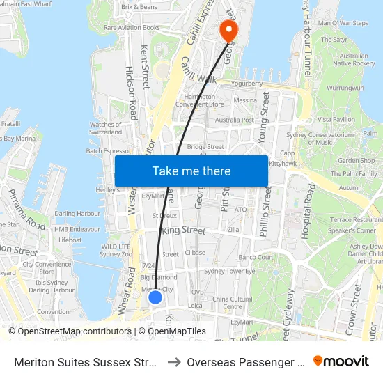 Meriton Suites Sussex Street Sydney to Overseas Passenger Terminal map