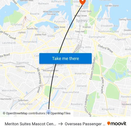 Meriton Suites Mascot Central Sydney to Overseas Passenger Terminal map
