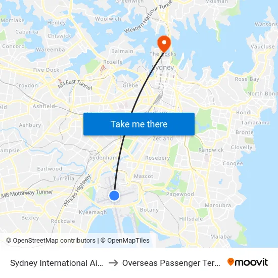 Sydney International Airport to Overseas Passenger Terminal map