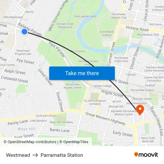 Westmead to Parramatta Station map