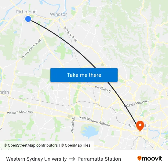 Western Sydney University to Parramatta Station map