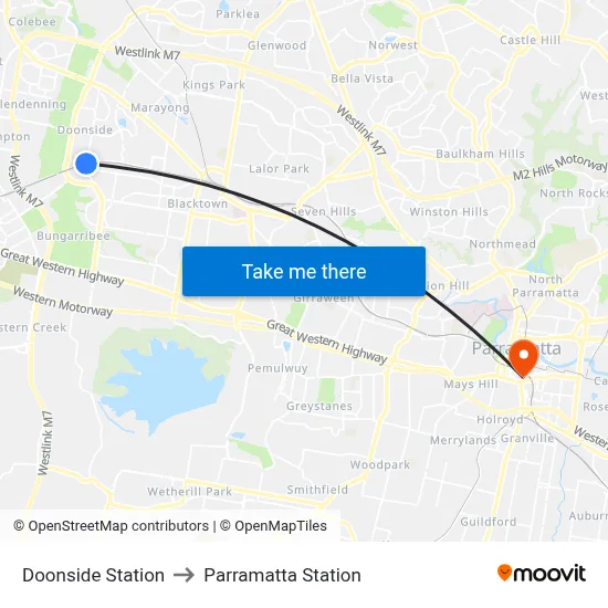 Doonside Station to Parramatta Station map