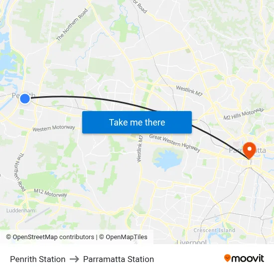 Penrith Station to Parramatta Station map