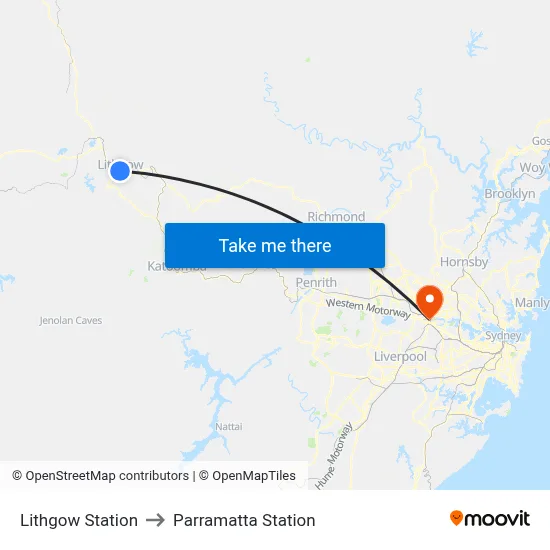 Lithgow Station to Parramatta Station map