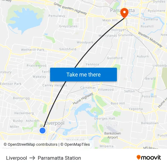 Liverpool to Parramatta Station map