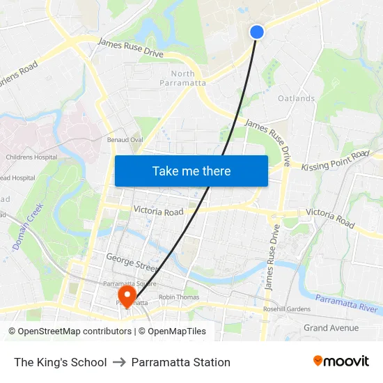 The King's School to Parramatta Station map