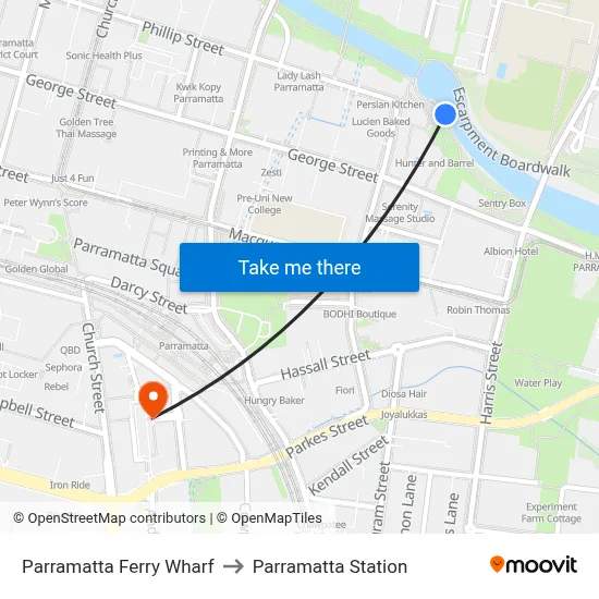 Parramatta Ferry Wharf to Parramatta Station map