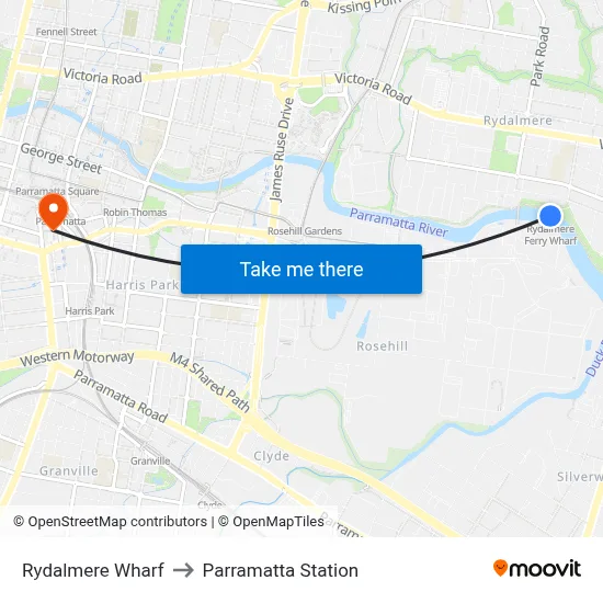 Rydalmere Wharf to Parramatta Station map