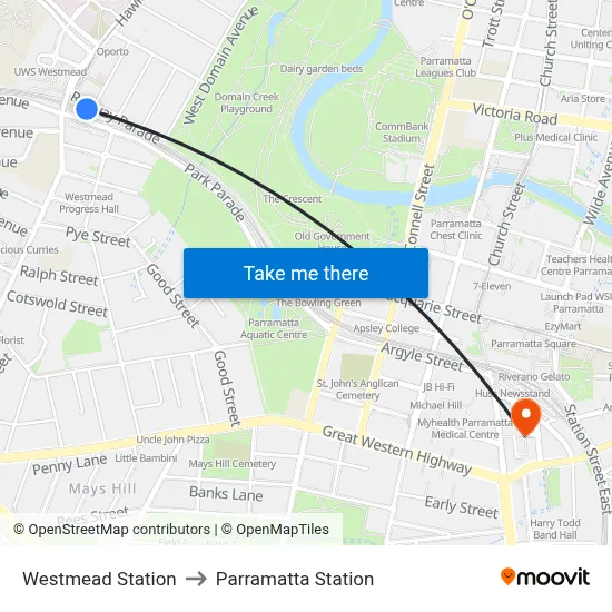 Westmead Station to Parramatta Station map
