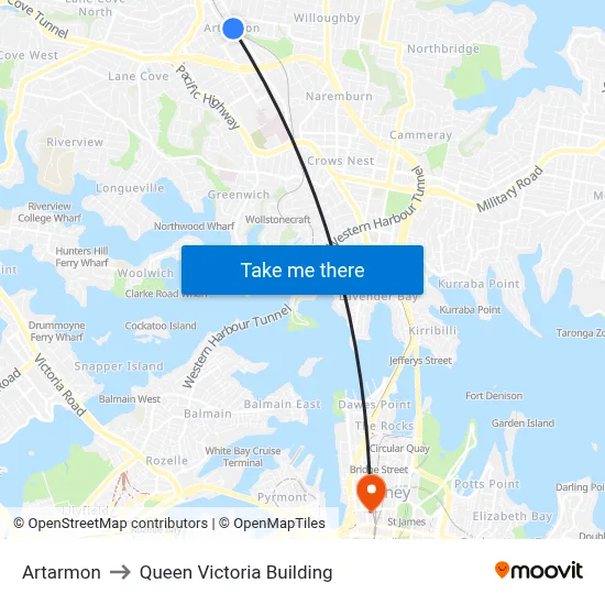 Artarmon to Queen Victoria Building map