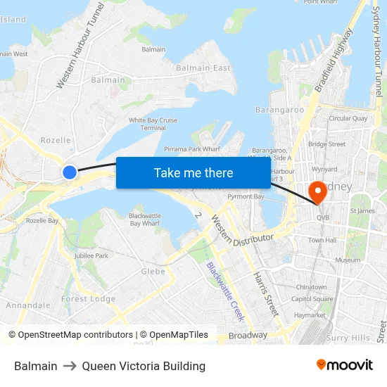 Balmain to Queen Victoria Building map