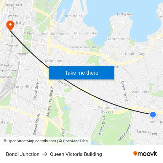 Bondi Junction to Queen Victoria Building map