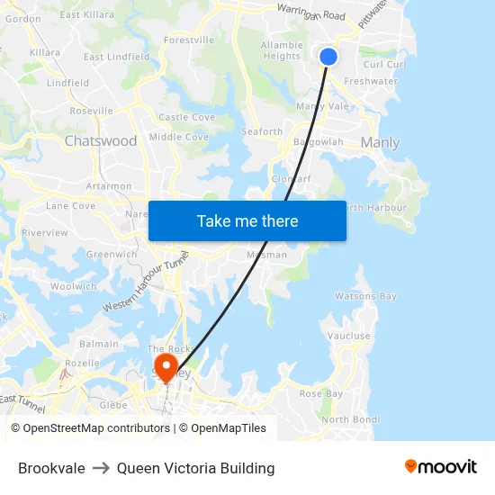 Brookvale to Queen Victoria Building map