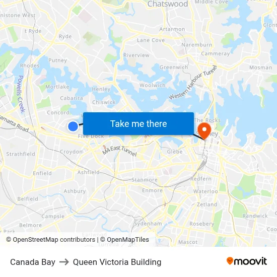 Canada Bay to Queen Victoria Building map