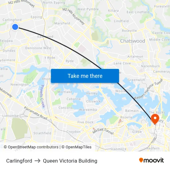 Carlingford to Queen Victoria Building map