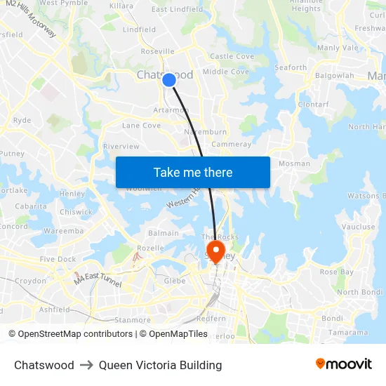 Chatswood to Queen Victoria Building map