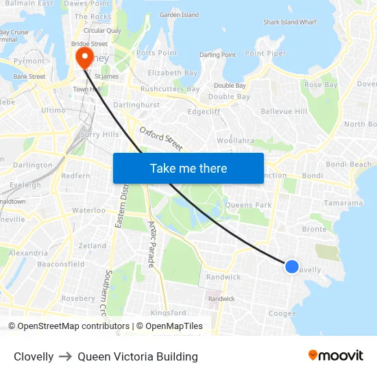 Clovelly to Queen Victoria Building map