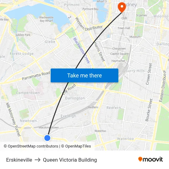 Erskineville to Queen Victoria Building map